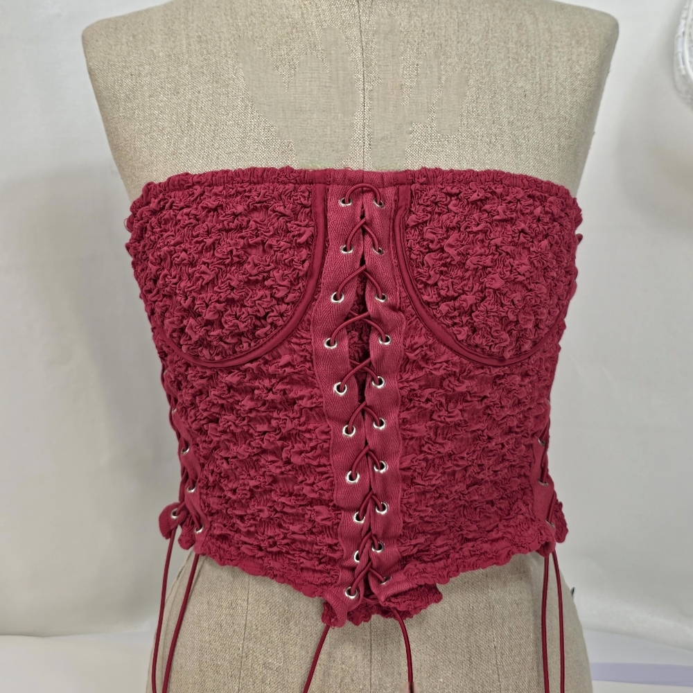 Pretty Little Thing Textured Lace Up Bandeau Corset Crop Top Red NWT US 4